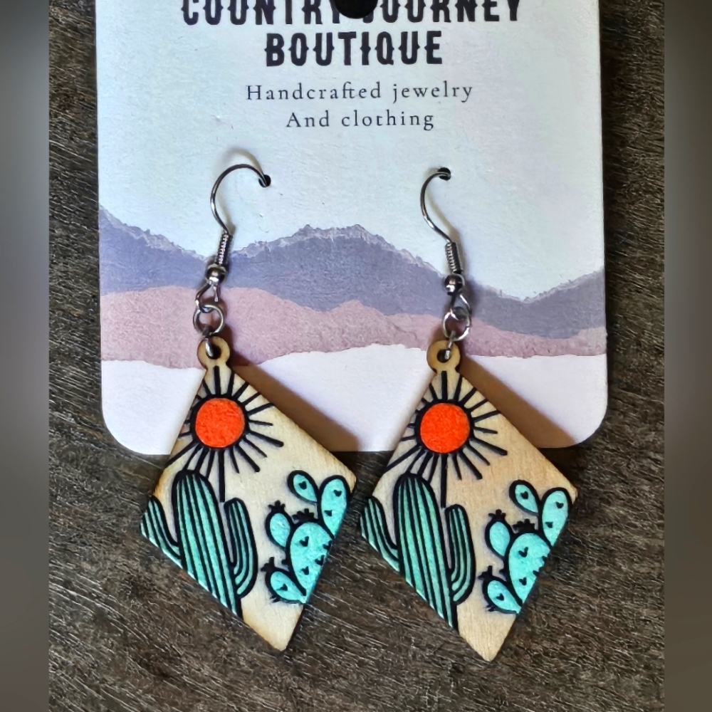 NWT Green Cactus Design Wooden Earrings